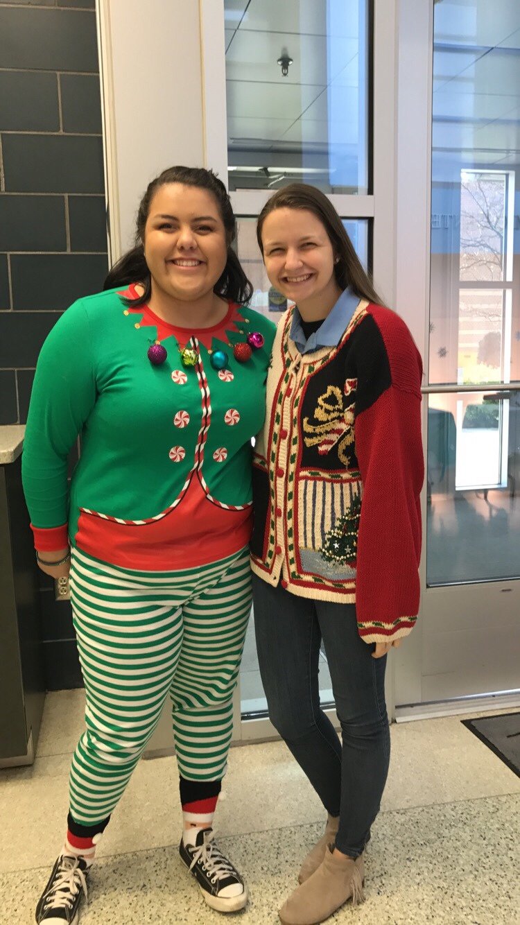 A coworker (Emily C.) and I looking cute in our outfits!