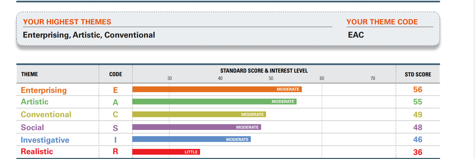 My Strong Interest Inventory results, highlighting leadership and art skills.