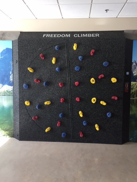 A large climbing wall with multicolored footholds