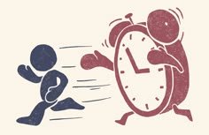 This may contain: an alarm clock running away from a cartoon character that is trying to stop the time