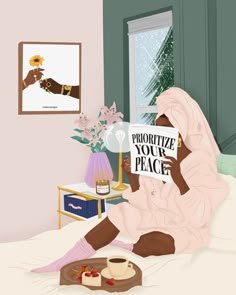 This may contain: a person sitting on a bed with a sign in front of them that says proportize your peace