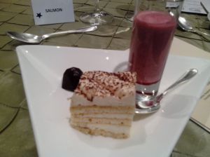 The AMAZING dessert given at the Etiquette dinner- Handmade chocolate, tiramisu, and a Raspberry Custard 